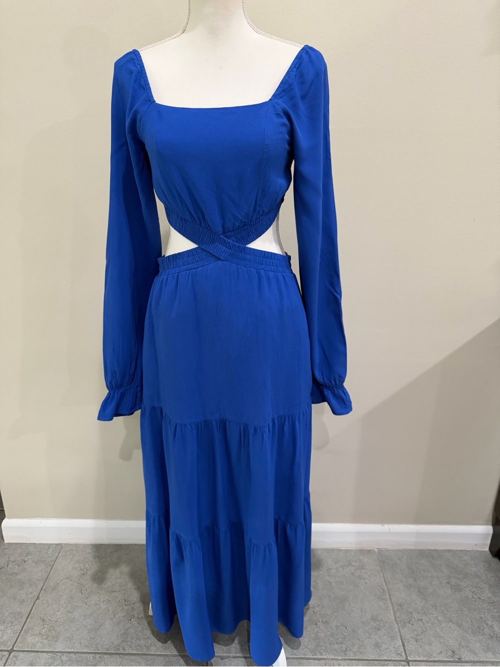 MEROKEETY Maxi Dress Womens Sz M Blue Square Neck Long Sleeve Smocked Tiered